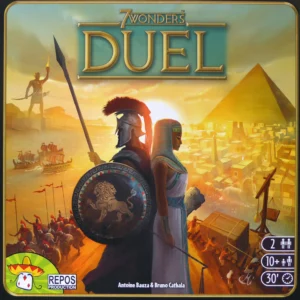 7_wonders_duel Box cover of the board game 7 Wonders Duel, featuring an ancient warrior and an Egyptian queen standing back-to-back with a cityscape, pyramid, and an army in the background. Icons indicate 2 players, ages 10+, and 30 minutes playtime.