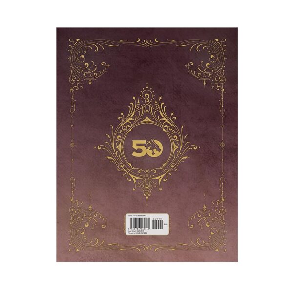 DMs Guide Alt Cover back Back cover of the Dungeons & Dragons Dungeon Master’s Guide 2024 Alternate Edition, featuring elegant gold filigree and the 50th-anniversary logo.