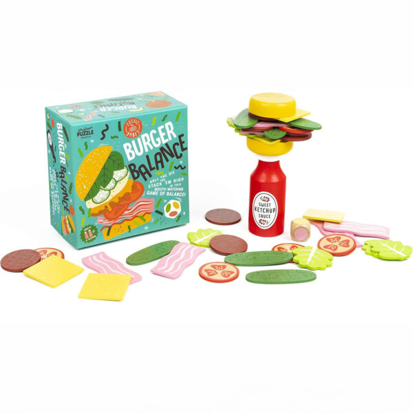 burger balance2 Burger Balance game setup showing the ketchup bottle base, burger stacking pieces, dice, and vibrant box packaging.