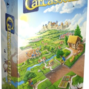 carcassonne-01 Carcassonne board game box featuring vibrant artwork of a medieval landscape with castles, roads, and fields. Designed by Klaus-Jürgen Wrede and published by Z-Man Games