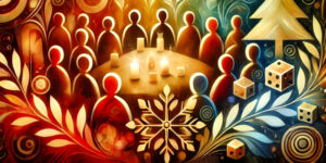 Abstract, festive image depicting a community gathering around a table with glowing candles. Surrounded by Christmas-themed elements like snowflakes, stylized figures, leaves, dice, and a Christmas tree, the warm colours of red, green, and gold evoke a joyful, holiday atmosphere.