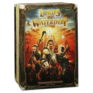 Box cover of the board game Lords of Waterdeep, featuring three intense-looking adventurers holding weapons with a castle in the background. The cover displays a fantasy theme, indicating it's a Dungeons & Dragons game suitable for ages 12+ and 2-5 players.
