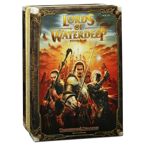 lords of waterdeep Box cover of the board game Lords of Waterdeep, featuring three intense-looking adventurers holding weapons with a castle in the background. The cover displays a fantasy theme, indicating it's a Dungeons & Dragons game suitable for ages 12+ and 2-5 players.