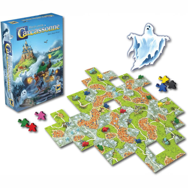 mists over carcassonne2 Mists Over Carcassonne board game components, including tiles, meeples, and ghost token arranged on a table with the game box in view