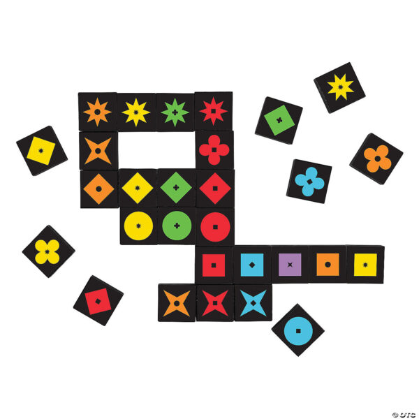 Game layout of Qwirkle: Colour Blind Friendly Edition, showing a pattern of tiles arranged in matching rows of shapes and colours, demonstrating the accessible design with interior shapes for colour identification.