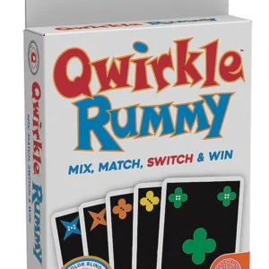 qwirkle-rummy01 Box cover of Qwirkle Rummy, colour-blind friendly edition, featuring colourful playing cards with shapes in various colours. Labelled for 2-4 players, ages 8 and up, with a 'Color Blind Friendly Edition' badge.