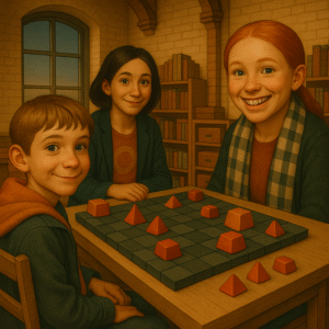 "Three smiling children playing an educational strategy board game with geometric pieces in a the Dice and Balls Hub – fun learning activity for kids