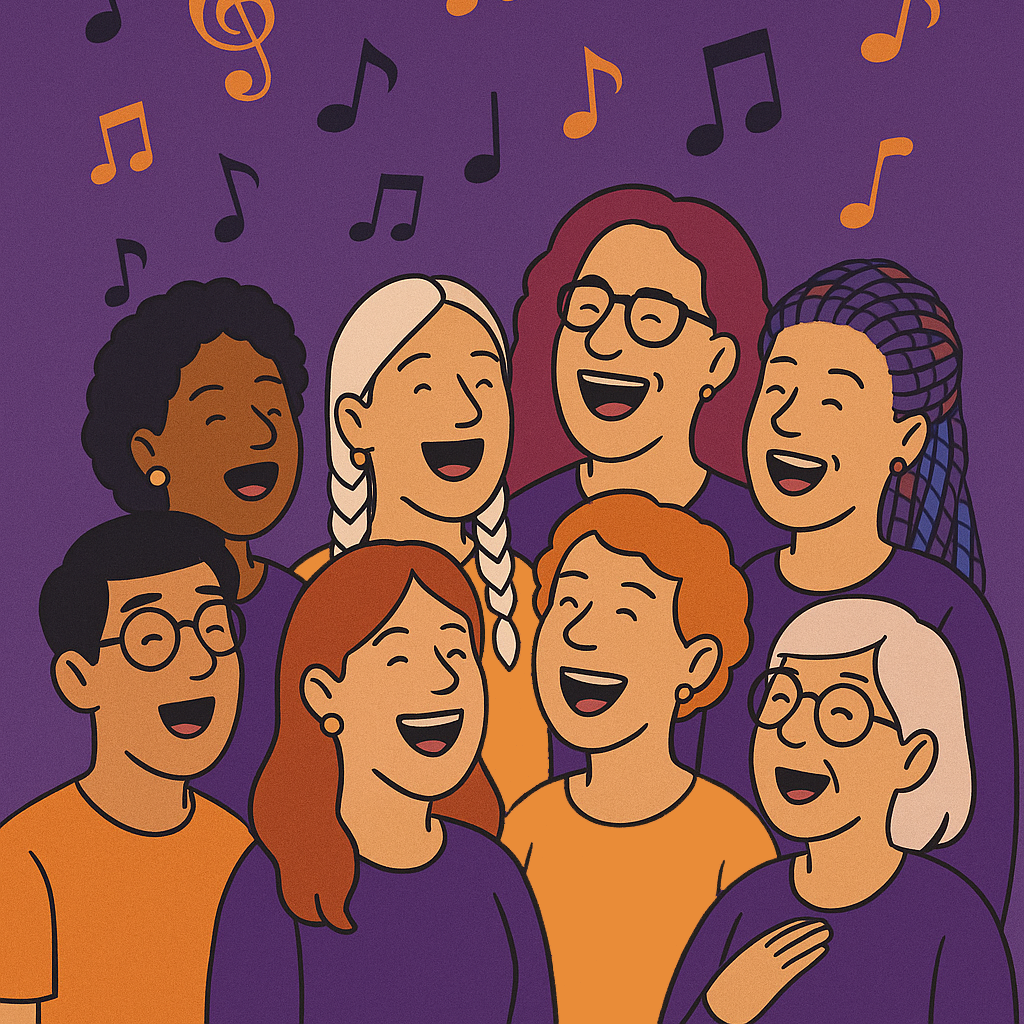 Diverse group of smiling people singing together – Dice and Ballads community choir by Dice and Balls CIC in Arnold, Nottingham, promoting joy and connection through music.
