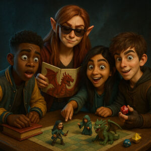 Excited teens playing fantasy tabletop RPG with miniatures and dice, led by a dungeon master with elf ears and dragon-themed rulebook – teen D&D night adventure