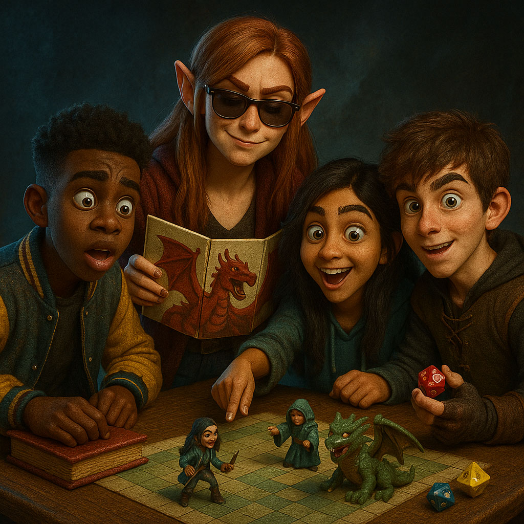 Excited teens playing fantasy tabletop RPG with miniatures and dice, led by a dungeon master with elf ears and dragon-themed rulebook – teen D&D night adventure