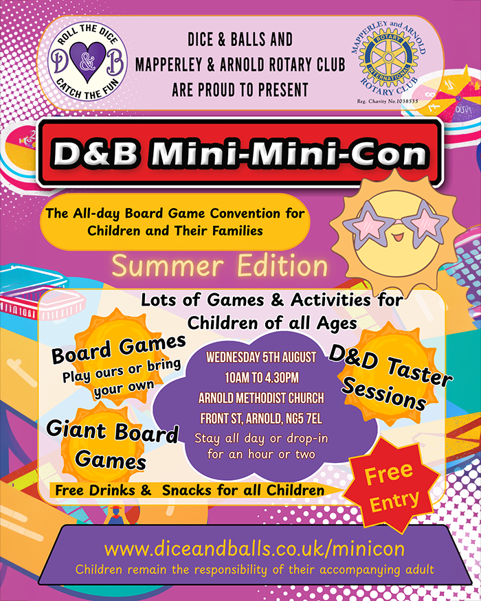 D&B Mini-Mini-Con Summer Edition poster for a free family board game convention with giant board games, D&D taster sessions, games and activities for children